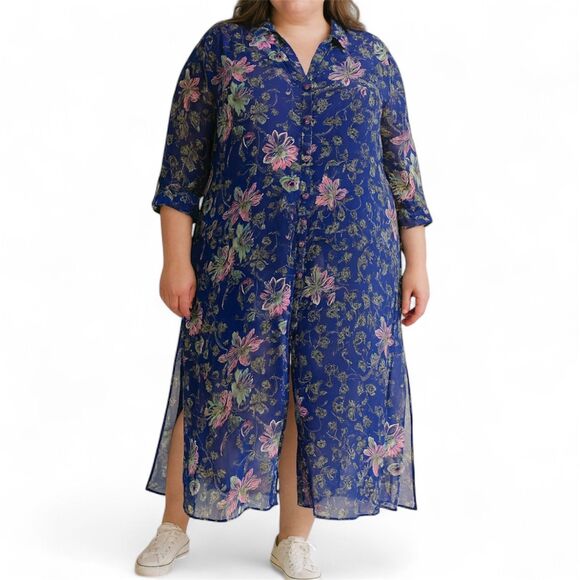 C Wonder Sheer Duster Top Plus Size 26WP Long Sleeve Coverup Floral Womans - Picture 1 of 10